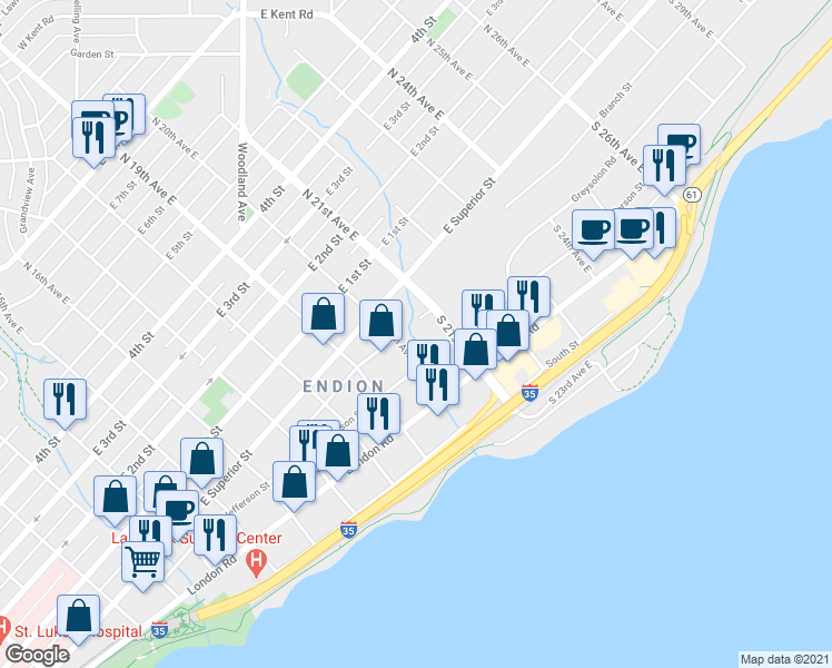 map of restaurants, bars, coffee shops, grocery stores, and more near 2020 Greysolon Road in Duluth
