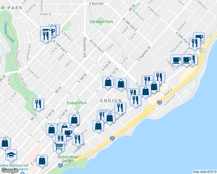 map of restaurants, bars, coffee shops, grocery stores, and more near 1914 East 1st Street in Duluth