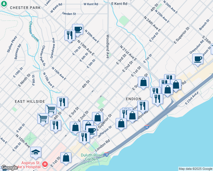 map of restaurants, bars, coffee shops, grocery stores, and more near 1732 East 3rd Street in Duluth