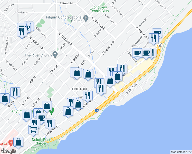 map of restaurants, bars, coffee shops, grocery stores, and more near 2010 Greysolon Road in Duluth