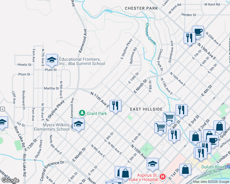 map of restaurants, bars, coffee shops, grocery stores, and more near 1221 East 10th Street in Duluth