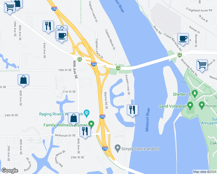 map of restaurants, bars, coffee shops, grocery stores, and more near 2108 Marina Road Southeast in Mandan
