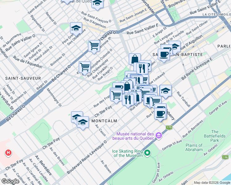 map of restaurants, bars, coffee shops, grocery stores, and more near 227 Rue des Franciscains in Québec