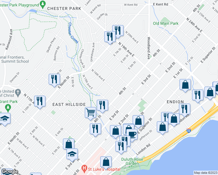 map of restaurants, bars, coffee shops, grocery stores, and more near 505 North 16th Avenue East in Duluth