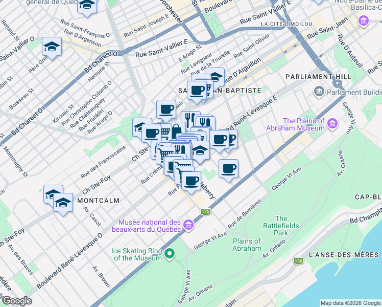 map of restaurants, bars, coffee shops, grocery stores, and more near 30 Boulevard René-Lévesque Est in Québec