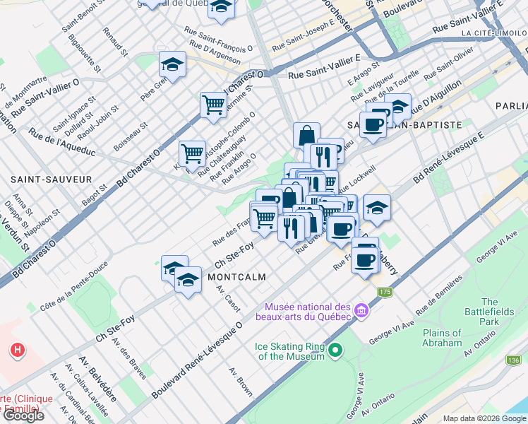 map of restaurants, bars, coffee shops, grocery stores, and more near 227 Rue des Franciscains in Québec