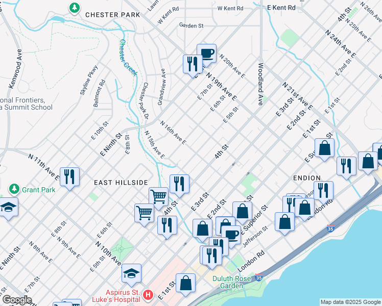 map of restaurants, bars, coffee shops, grocery stores, and more near 1611 East 5th Street in Duluth