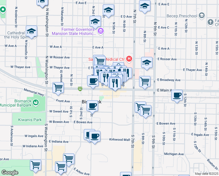 map of restaurants, bars, coffee shops, grocery stores, and more near 420 East Main Avenue in Bismarck