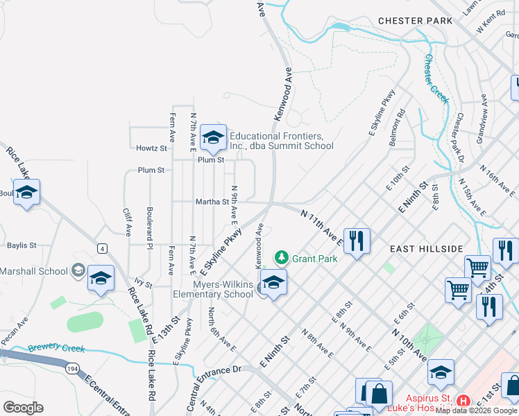 map of restaurants, bars, coffee shops, grocery stores, and more near in Duluth