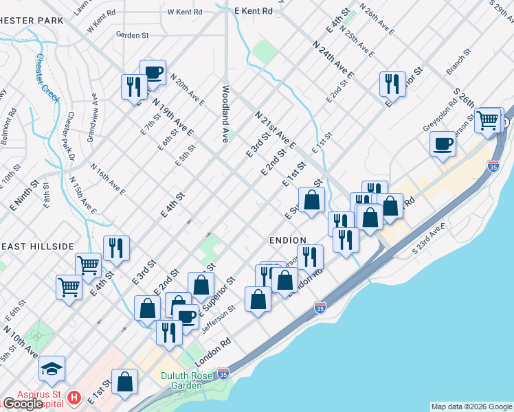 map of restaurants, bars, coffee shops, grocery stores, and more near 1903 East 1st Street in Duluth