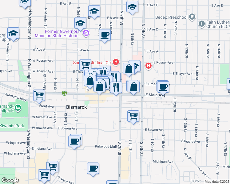 map of restaurants, bars, coffee shops, grocery stores, and more near 100-198 North 7th Street in Bismarck