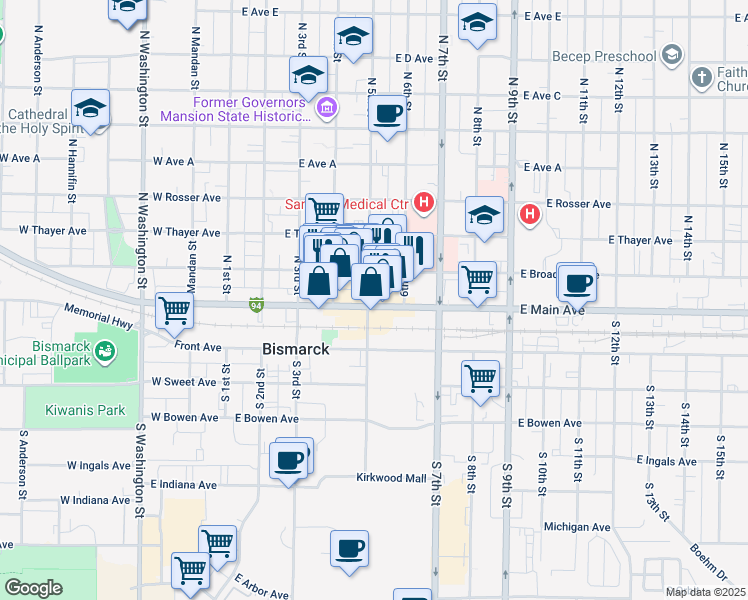 map of restaurants, bars, coffee shops, grocery stores, and more near 110 North 5th Street in Bismarck
