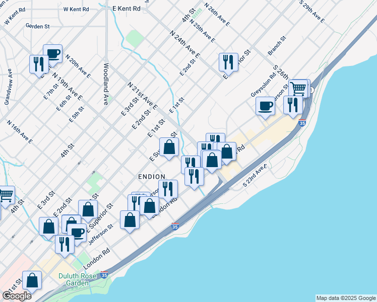 map of restaurants, bars, coffee shops, grocery stores, and more near 2020 Greysolon Road in Duluth