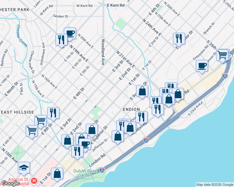 map of restaurants, bars, coffee shops, grocery stores, and more near 1903 East 1st Street in Duluth