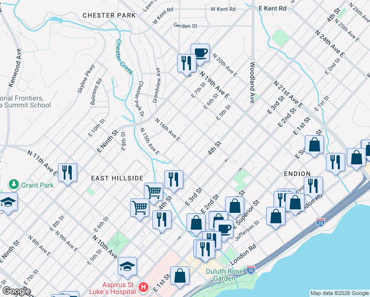 map of restaurants, bars, coffee shops, grocery stores, and more near 1611 East 5th Street in Duluth