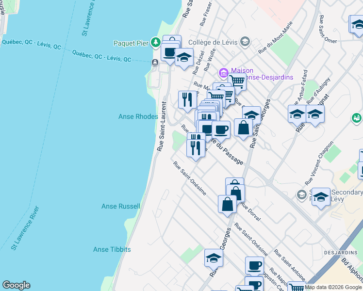 map of restaurants, bars, coffee shops, grocery stores, and more near 10 Rue William-Tremblay in Levis