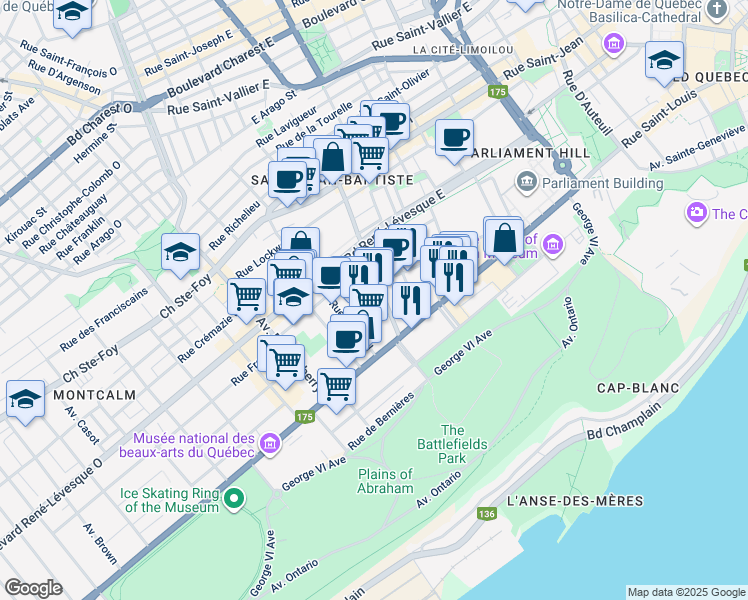 map of restaurants, bars, coffee shops, grocery stores, and more near 1150 Rue de Claire-Fontaine in Québec