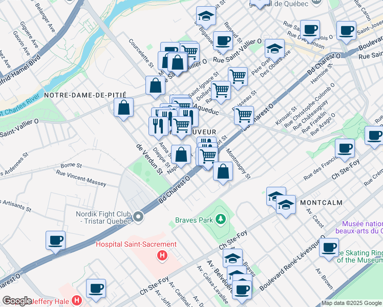 map of restaurants, bars, coffee shops, grocery stores, and more near 405 Rue Lafayette in Ville de Québec