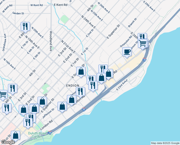 map of restaurants, bars, coffee shops, grocery stores, and more near 2020 Greysolon Road in Duluth