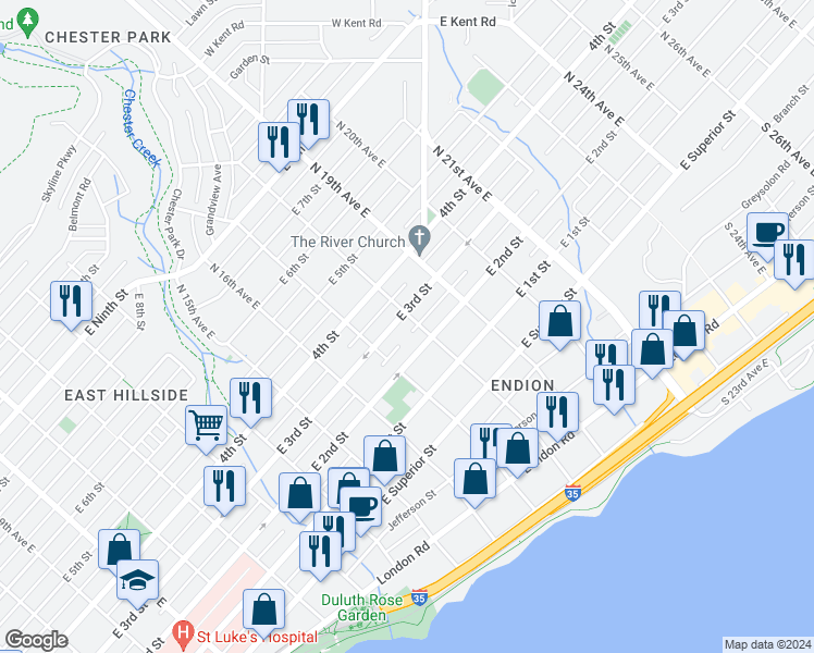 map of restaurants, bars, coffee shops, grocery stores, and more near 1732 East 3rd Street in Duluth