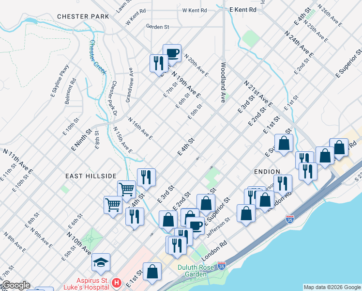 map of restaurants, bars, coffee shops, grocery stores, and more near 417 North 17th Avenue East in Duluth