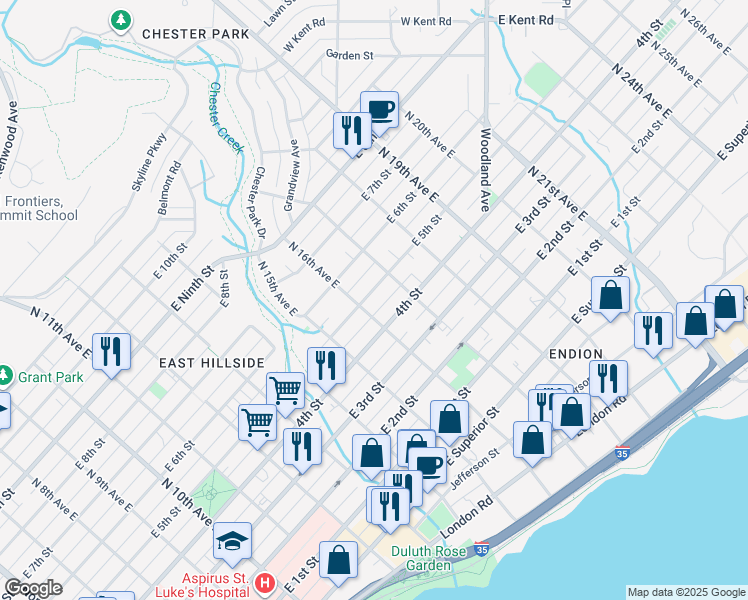 map of restaurants, bars, coffee shops, grocery stores, and more near 1611 East 5th Street in Duluth