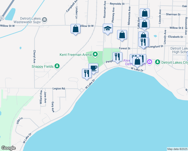 map of restaurants, bars, coffee shops, grocery stores, and more near 624 West Lake Drive in Detroit Lakes