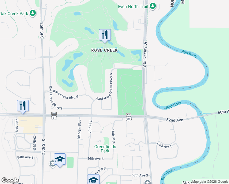 map of restaurants, bars, coffee shops, grocery stores, and more near 1816 E Rose Creek Pkwy S in Fargo