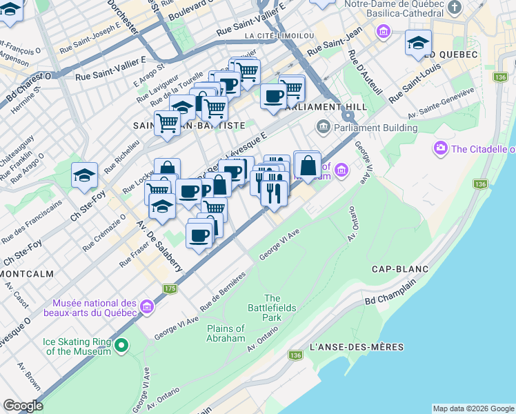 map of restaurants, bars, coffee shops, grocery stores, and more near 550 Grande Allée Est in Québec