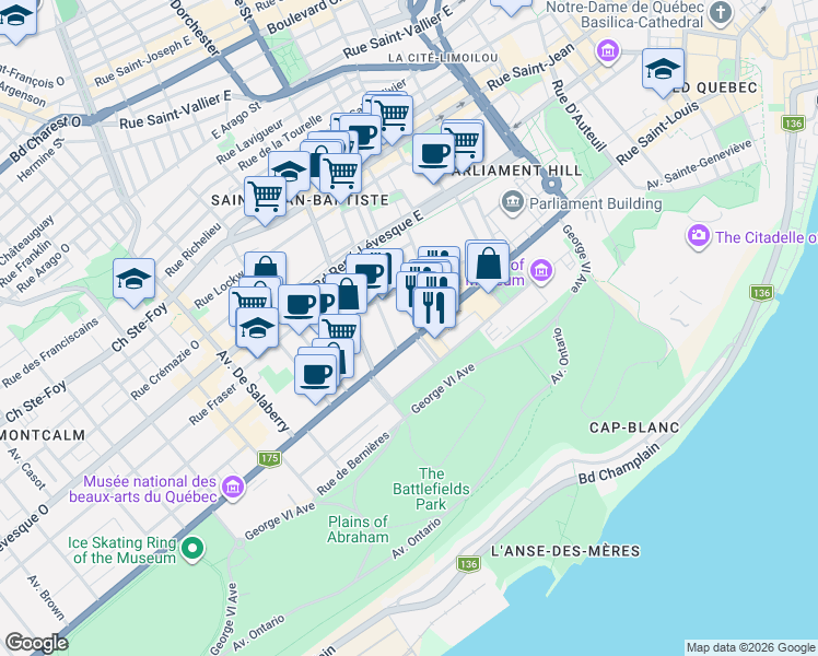 map of restaurants, bars, coffee shops, grocery stores, and more near 550 Grande Allée Est in Québec