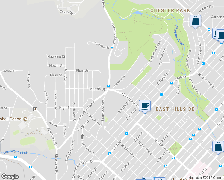map of restaurants, bars, coffee shops, grocery stores, and more near 1414 East Skyline Parkway in Duluth