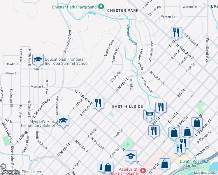 map of restaurants, bars, coffee shops, grocery stores, and more near 921 North 13th Avenue East in Duluth