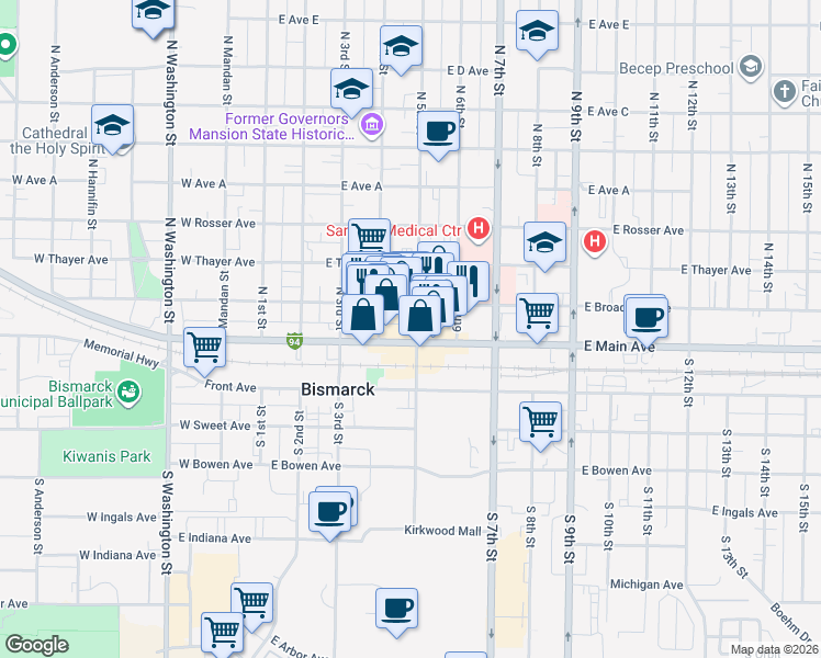 map of restaurants, bars, coffee shops, grocery stores, and more near 420 East Main Avenue in Bismarck