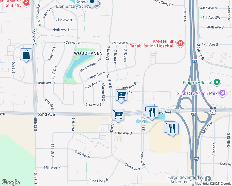 map of restaurants, bars, coffee shops, grocery stores, and more near 4101 51st Avenue South in Fargo