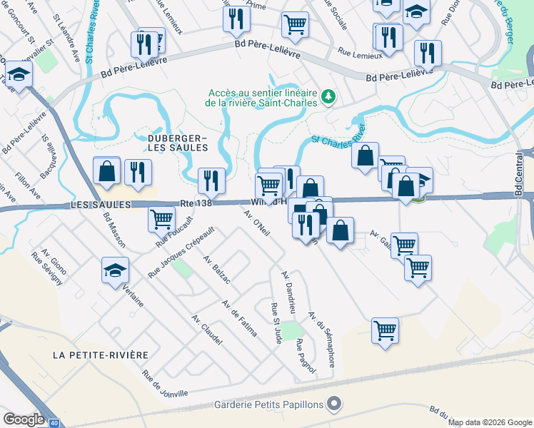 map of restaurants, bars, coffee shops, grocery stores, and more near 3095 Boulevard Wilfrid-Hamel in Québec
