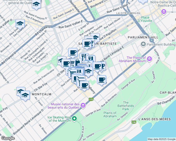 map of restaurants, bars, coffee shops, grocery stores, and more near 62 Boulevard René-Lévesque Est in Québec