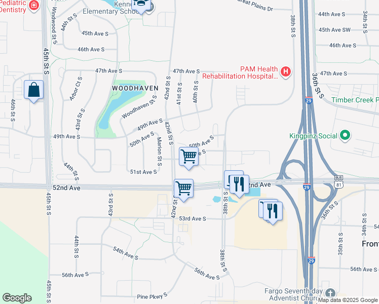 map of restaurants, bars, coffee shops, grocery stores, and more near 4101 51st Avenue South in Fargo