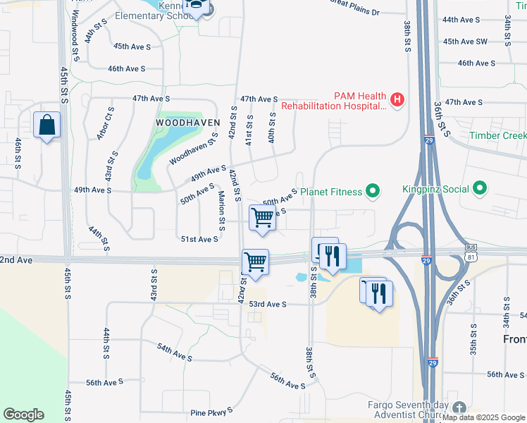 map of restaurants, bars, coffee shops, grocery stores, and more near 3994 50th Avenue South in Fargo