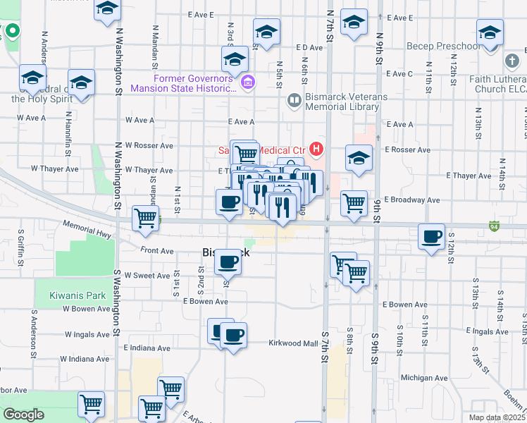 map of restaurants, bars, coffee shops, grocery stores, and more near 410 East Main Avenue in Bismarck