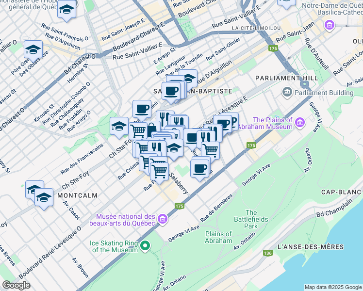 map of restaurants, bars, coffee shops, grocery stores, and more near 155 Rue de Maisonneuve in Québec