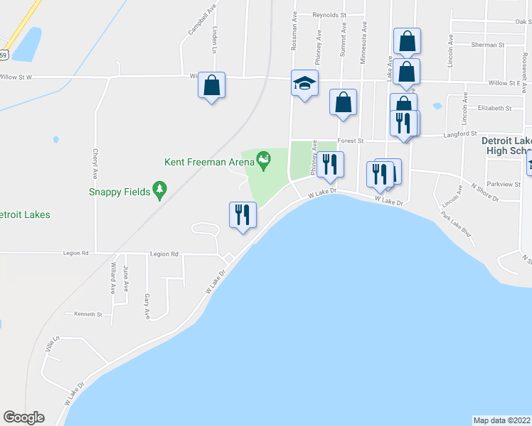 map of restaurants, bars, coffee shops, grocery stores, and more near 624 West Lake Drive in Detroit Lakes