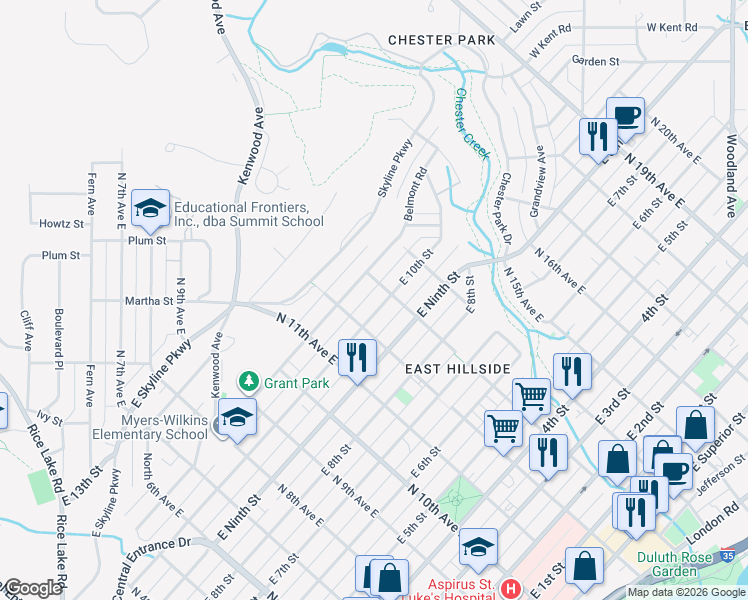map of restaurants, bars, coffee shops, grocery stores, and more near 1221 East 10th Street in Duluth