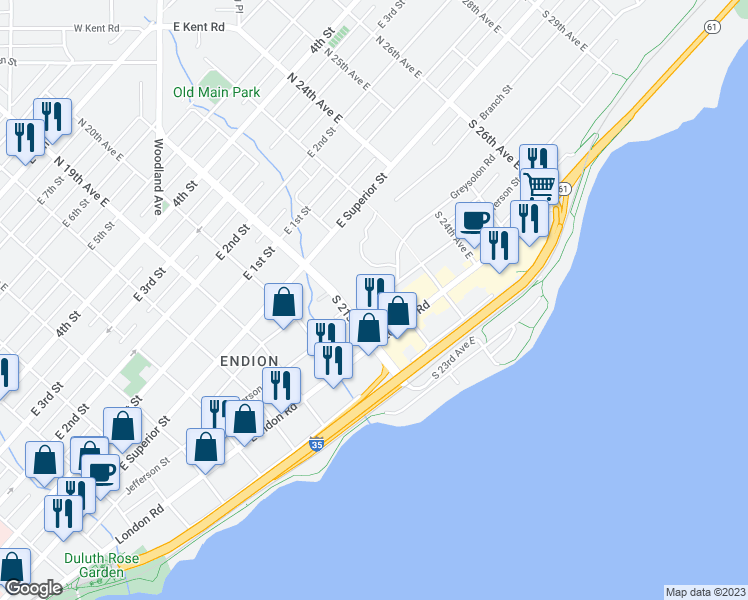 map of restaurants, bars, coffee shops, grocery stores, and more near 2128 Jefferson Street in Duluth