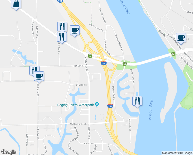 map of restaurants, bars, coffee shops, grocery stores, and more near 4700 Central Bay Drive in Mandan