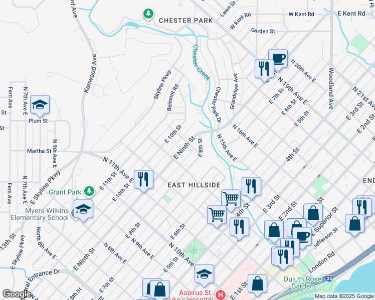 map of restaurants, bars, coffee shops, grocery stores, and more near 1328 East 9th Street in Duluth