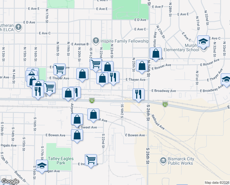 map of restaurants, bars, coffee shops, grocery stores, and more near 2303 East Broadway Avenue in Bismarck