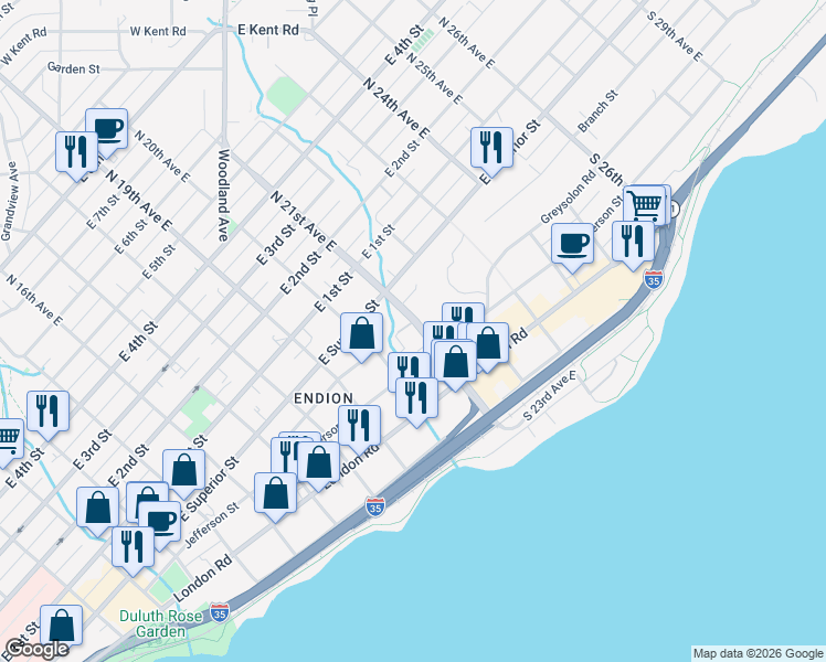 map of restaurants, bars, coffee shops, grocery stores, and more near 201 South 21st Avenue East in Duluth
