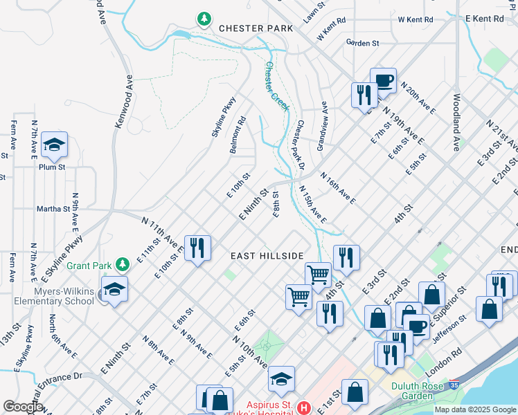 map of restaurants, bars, coffee shops, grocery stores, and more near 1328 East 9th Street in Duluth