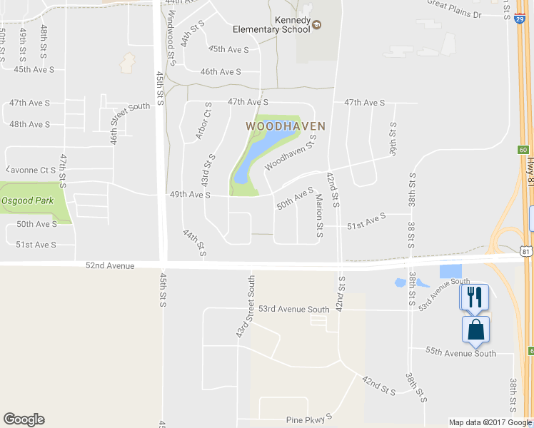 map of restaurants, bars, coffee shops, grocery stores, and more near 5005 Woodhaven Street South in Fargo