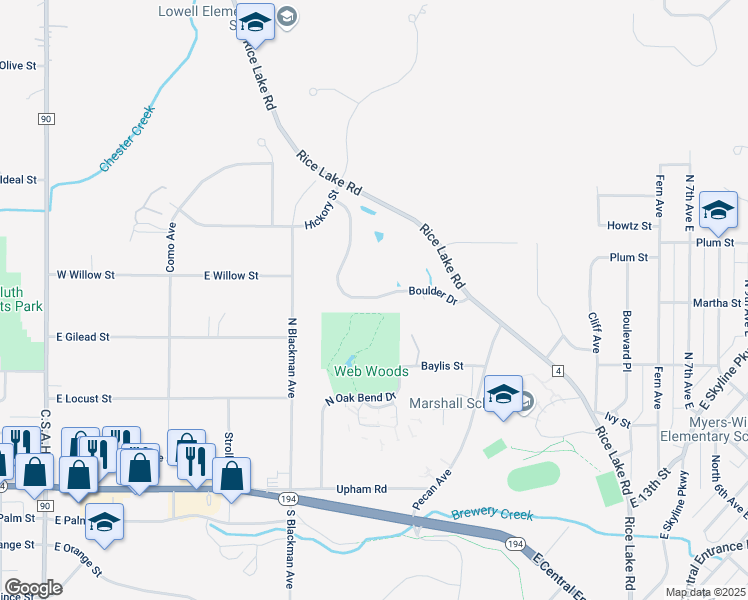 map of restaurants, bars, coffee shops, grocery stores, and more near 610 Boulder Drive in Duluth